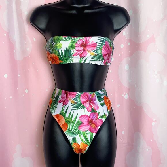 New XS‎ Tropical Retro Floral High Rise Strapless Bandeau Swimsuit Bikini - Picture 3 of 7